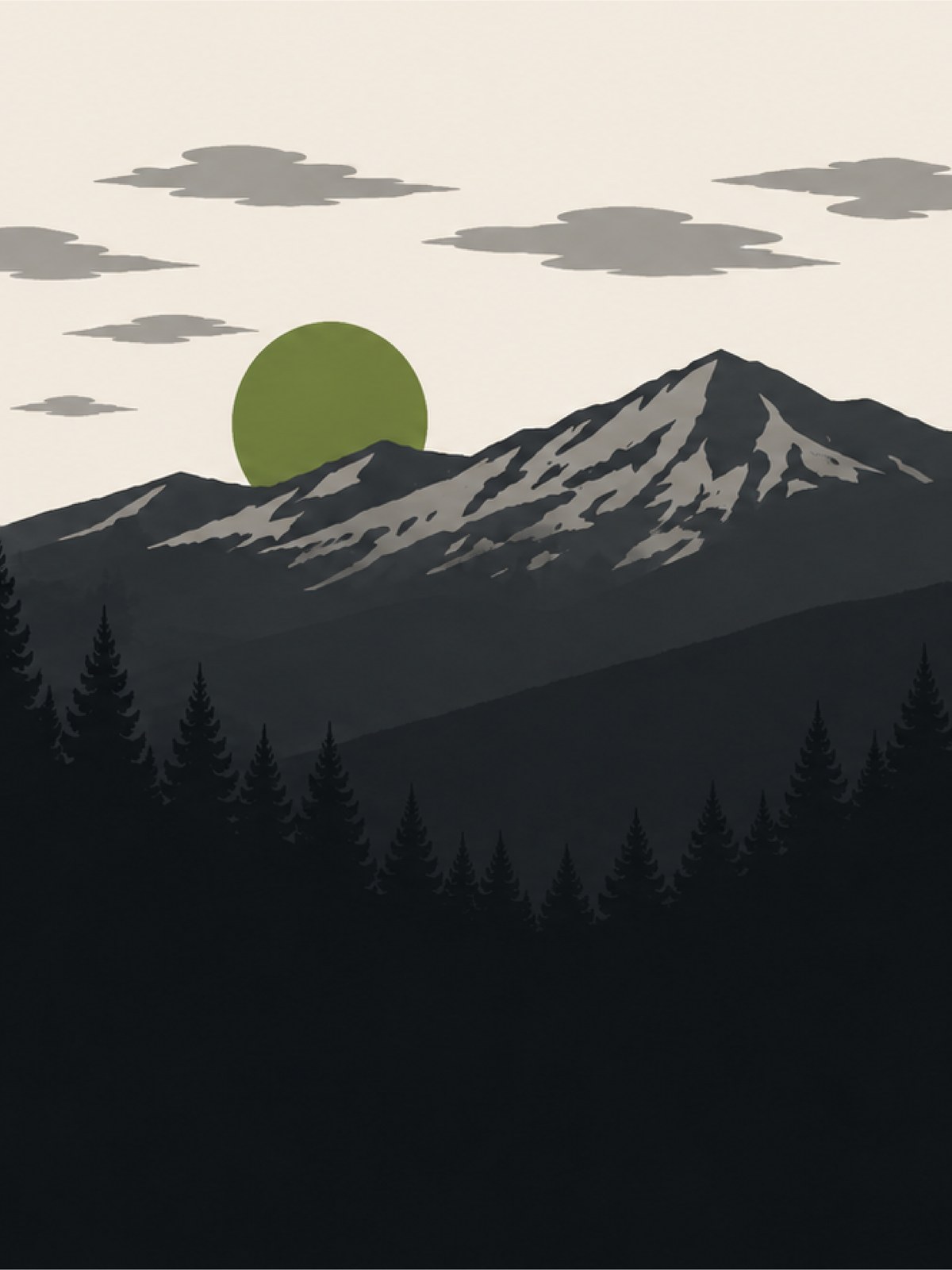 CabinCare mountain landscape: layered Smoky Mountain ridges, evergreens, and a muted green sun